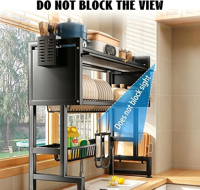 Over Sink Dish Drying Rack 2 Tier Stainless Steel Dish Drainer with Cover and Utensil Holders Large Capacity Space Saving Kitchen Organizer - Image 4