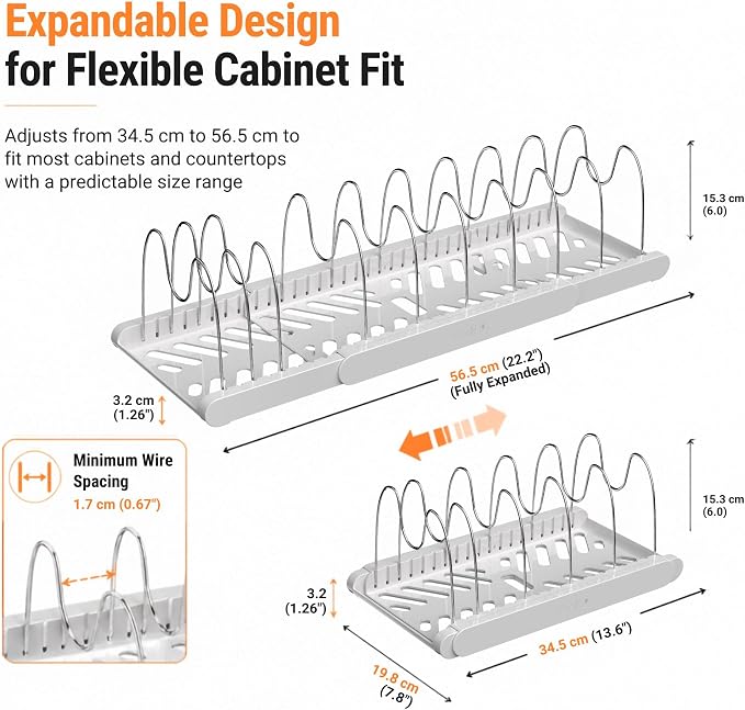 Expandable Pots and Pans Organizer Under Cabinet, Pan Organizer Rack with 9 Adjustable Slots, Pot Lid Holder for Cabinet, Countertop, Plates, Cutting Boards, Baking Sheets-White - Image 2