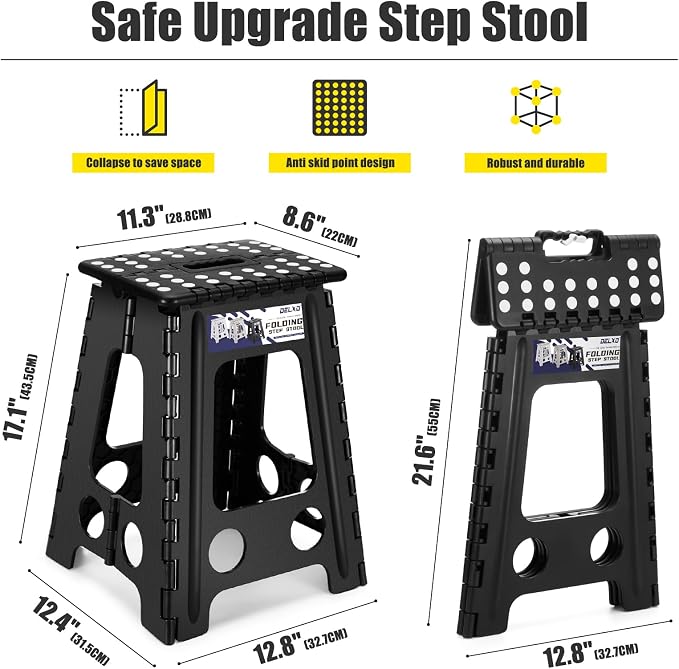 Delxo 17.5 Inch Folding Step Stool,Foldable Stool for Adults with Safety Lock,Portable Collapsible Plastic Step Stool,Non Slip Folding Stools for Kitchen Bathroom Bedroom Up to 400LBS,(Black 1PC) | Step Stool with Safety Lock,Portable Collapsible Step ... - Image 2