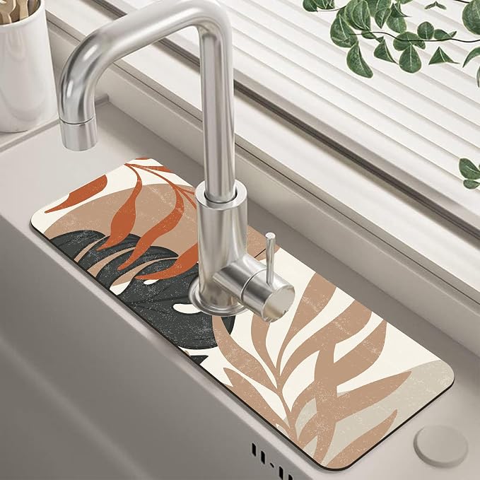 Mid Century Boho Leaves Kitchen Sink Splash Guard Absorbent Fast Drying Mat Faucet Draining Guard Behind Faucet Drip Catcher for Kitchen Bathroom 5.5"15" by Unknown