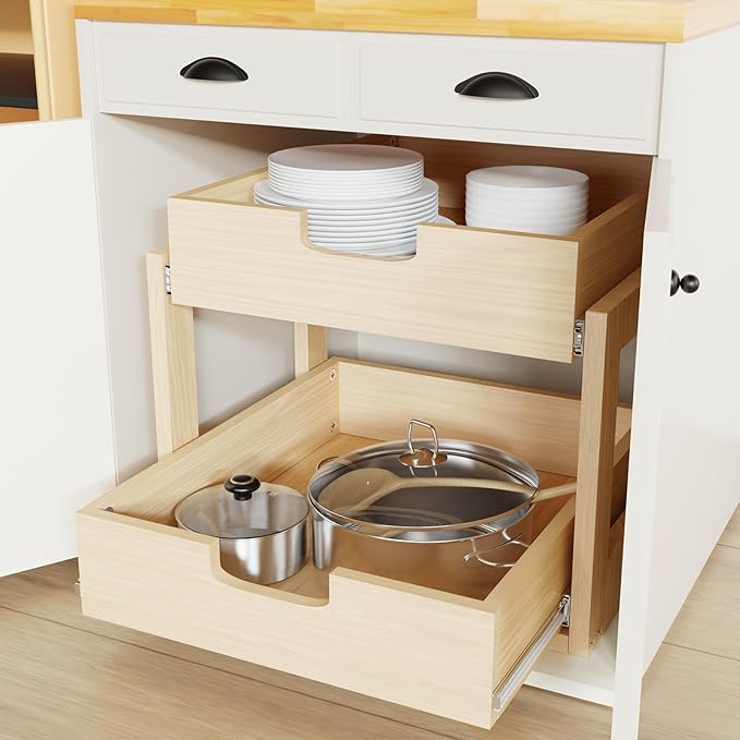 Pull Out Cabinet Organizer, 17''W×21''D×16''H Soft Close Slide Out Wooden Pull out Drawers, Double Tier Slide out Wood Cabinet Organizer, for Base Cabinet Organization in Kitchen, Pantry, Bathroom - Image 3