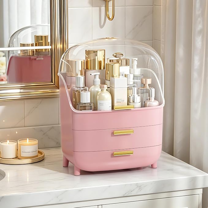Vtopmart 3-Tier Skincare Makeup Organizer with Lids, Pink | With Drawers and Lid, For Vanity and Bathroom Countertop, Large Cosmetic Storage Box Case for Dresser, With Non-Slip Base by Vtopmart