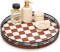 AMH 10-Inch Brown Checkerboard Lazy Susan Organizer with Black Metal Rail | Smooth rotating oak tray with walnut finish for dining tables, kitchen counters, pantries and cabinet storage. by AMH