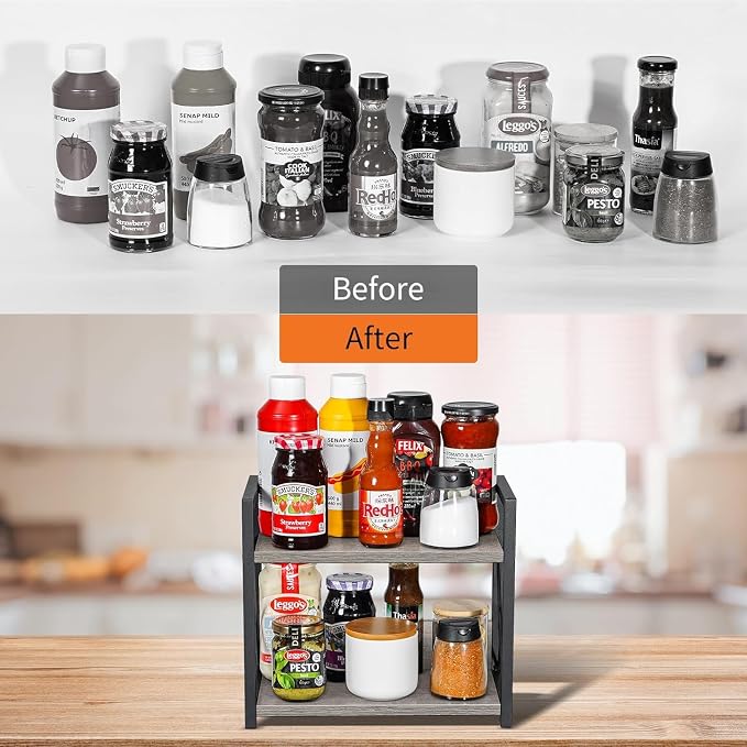 Giikin Countertop Shelf Organizer, 2 Tier Kitchen Spice Rack for Countertop, Wood Kitchen Counter Shelf for Home, Coffee Station Organizer (Grey,S) - Image 8