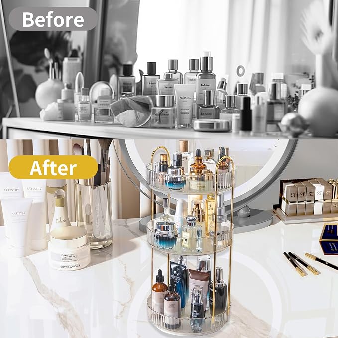 Asayuee 360 Rotating Makeup Organizer,3 Tier Large Capacity Make Up Organizers and Storage,Skincare Perfume Vanity Organizers,Bathroom Cosmetics Storage Organizer Countertop (Clear-3 Tier) - Image 5