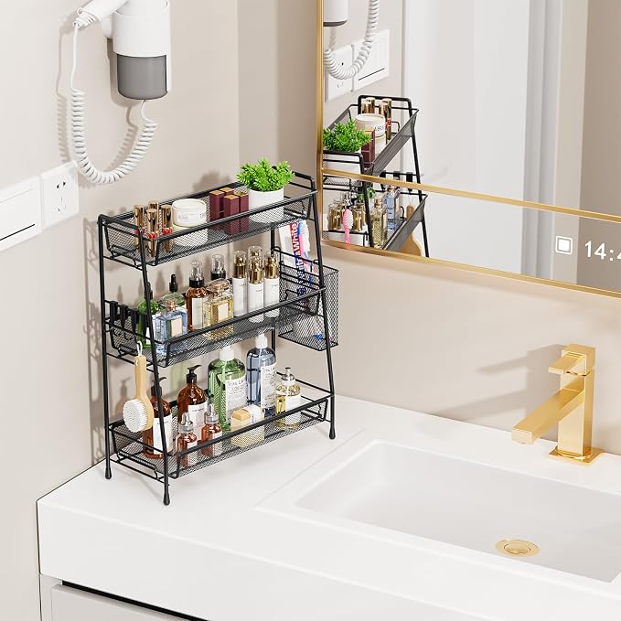 VITVITI 3 Tier Bathroom Organizer Countertop, Counter Storage Shelf, Black | Metal Wire Mesh Bathroom Counter Organizer with Basket Hooks, Vanity Tray, Kitchen Spice Rack - Image 3