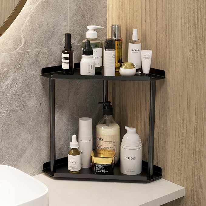 Jesginboo 2 Tier Bathroom Counter Organizer, Vanity Organizer Corner Shelf | Skincare, Makeup Countertop Organizers, Kitchen, Bathroom Counter Storage, Black - Image 2