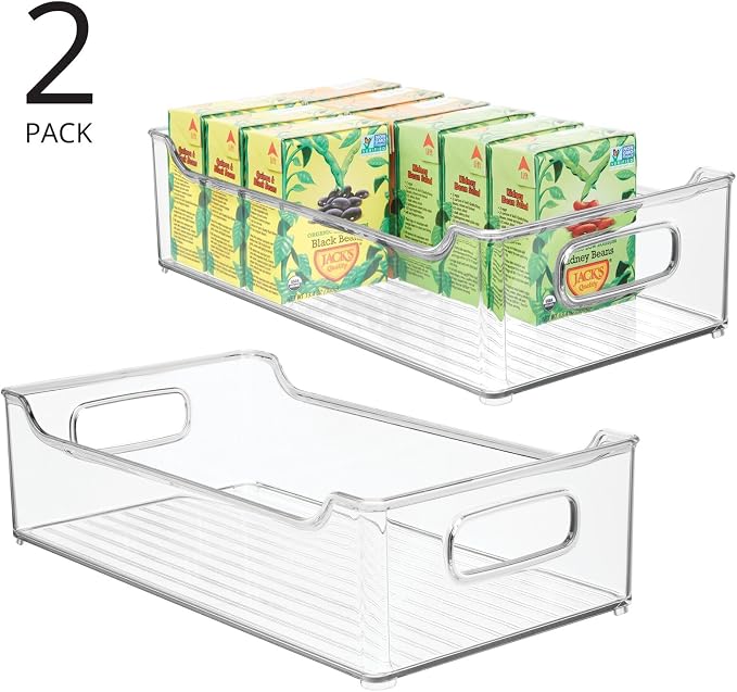 mDesign Wide Plastic Kitchen Storage Container Bins with Handles -Organization in Pantry, Cabinet, Refrigerator or Freezer Shelves - Food Organizer for Fruit, Yogurt, Squeeze Pouches - 2 Pack - Clear - Image 2