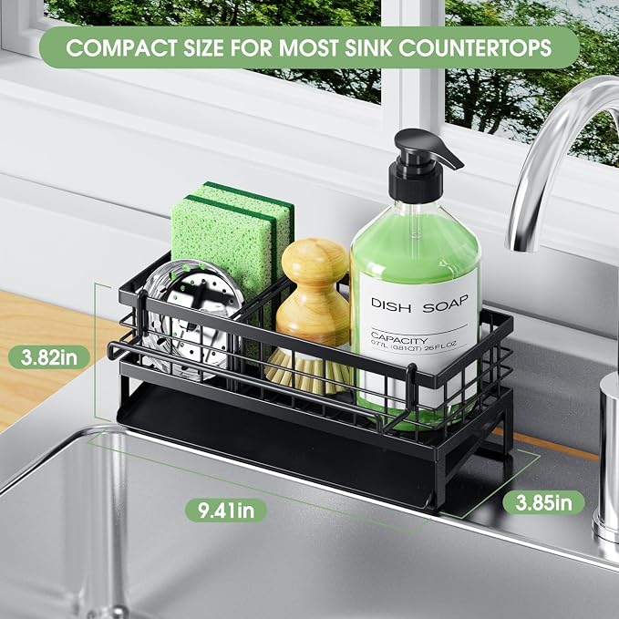 Self-Draining Kitchen Sink Caddy, Rustproof Non-Slip Metal Sponge Holder with Detachable Dish Cloth Holder (Black) - Image 2