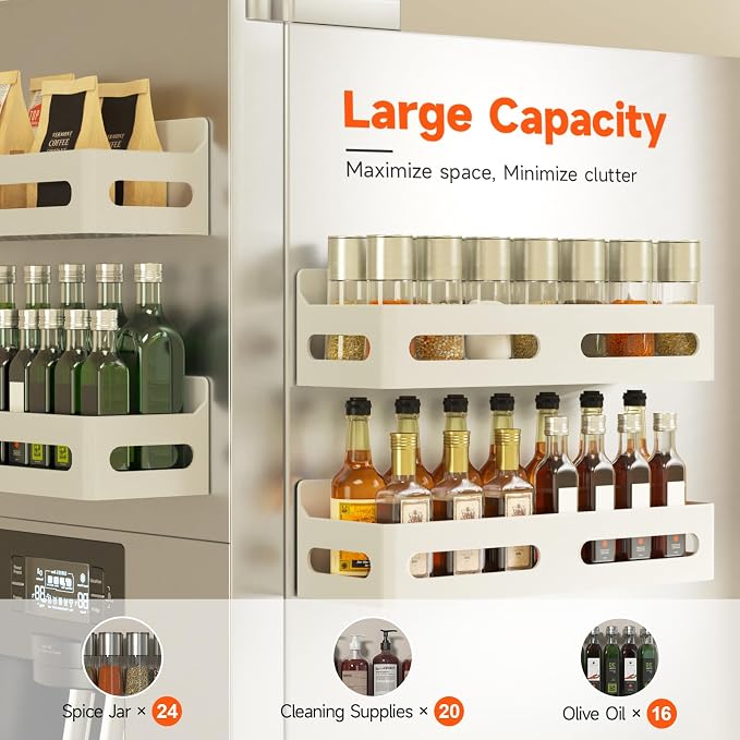 2-Pack Magnetic Spice Rack for Refrigerator with Hooks, White | Strong multipurpose magnetic shelf for kitchen & bathroom organization. Includes 4 removable hooks for hanging items. - Image 4