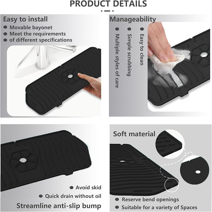 Kitchen Sink Splash Guard 29.7 X 5.7 In, Large Size Kitchen Sink Splash Guard, Silicone Sink Faucet Drying Mat, Faucet Mat Splash Catcher, Multipurpose For Kitchen Sink, Bathroom (Black) - Image 4