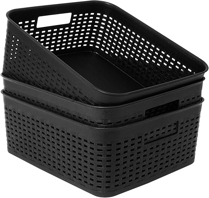 Soddeph Plastic Storage Baskets for Cabinets, Household Pantry Organization with Handle,Organizer Bins for Room,Bathrooms,Under-Sink,Kitchen (Black, M-3PACK) by Soddeph