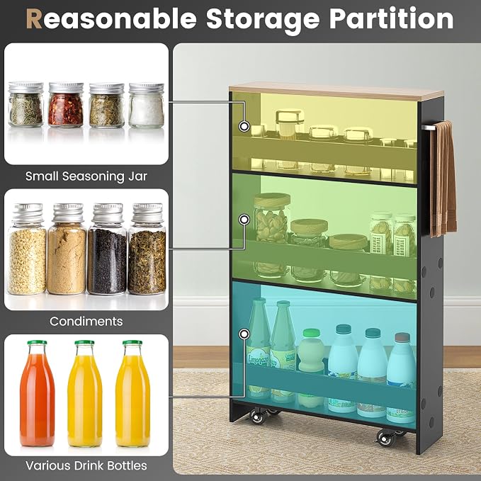 COSTWAY Slim Rolling Storage Cart, 4-Tier Rolling Utility Cart, Wood Kitchen Storage Cart with Handle & Wheels, Narrow Rolling Shelving Unit for Kitchen Bathroom Laundry Small Places (Dark) - Image 3