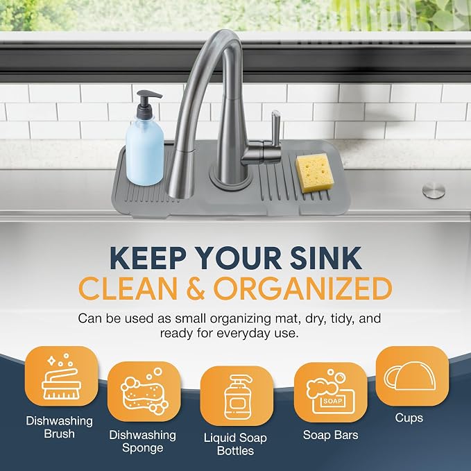14.6” Silicone Faucet Mat For Kitchen Sink, Kitchen Sink Splash Guard Behind Faucet, Kitchen Faucet Mat For Kitchen Sink, Kitchen Sink Faucet Mat Splash Guard and Sink Water Splash Guard (Gray) - Image 3