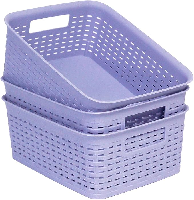 Plastic Storage Baskets for Cabinets, Household Pantry Organization with Handle,Organizer Bins for Room,Bathrooms,Under-Sink,Kitchen (Purple, S-3PACK) by Soddeph