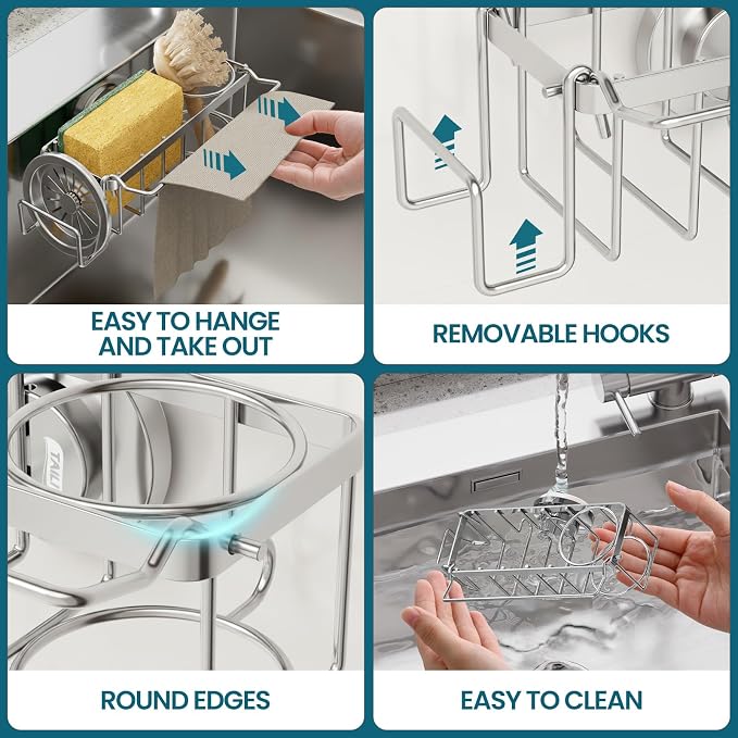 TAILI 4-in-1 Sponge Holder for Kitchen Sink with Strong Suction Cup-Silver | Removable Rustproof 304 Stainless Steel Multi-compartment Sponge Holder with Suction Cup, Keeps Brushes & Scrubbers Tidy - Image 5