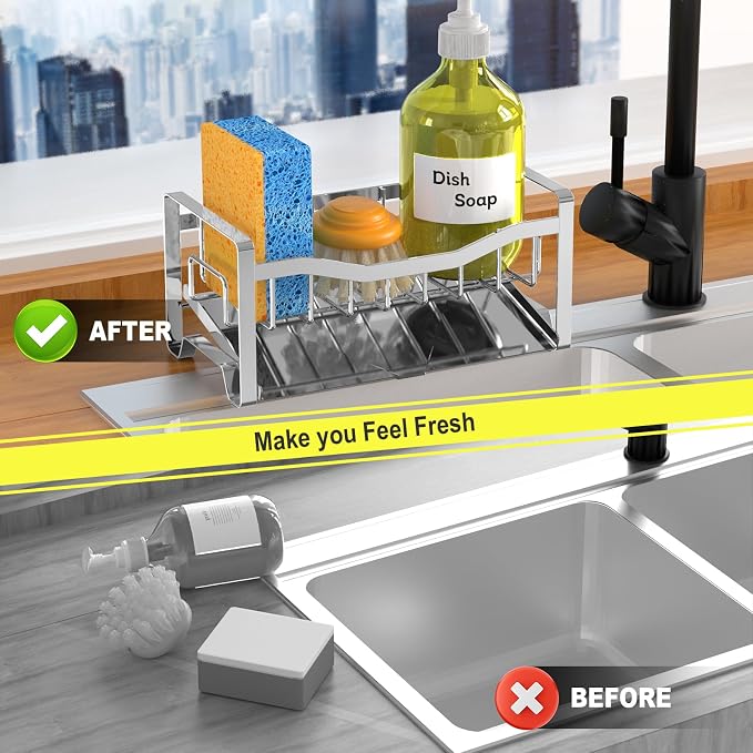Stainless Steel Kitchen Sink Caddy Organizer with Auto Drain Tray, Sponge Holder for Countertop Storage Silver - Image 6