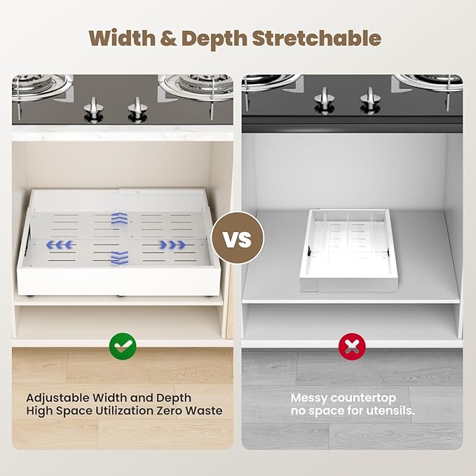 Dayacoco 2Pcs Dayacoco Pull Out Cabinet Organizer, Expandable Width (11.4"-19.4") and Depth (16.7"-21.4") With 3 Rails, Slide out Drawers for Kitchen Base Cabinet Organization, No Drill, White - Image 6