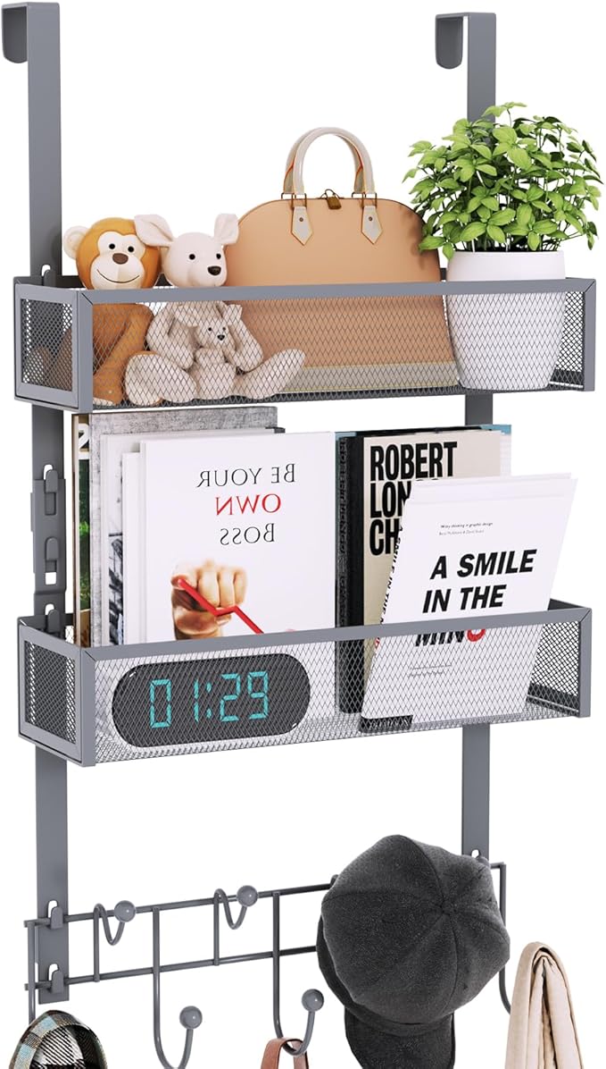 Consumest Over The Door Hooks Organizer - 3 Tier Door Hanger with 9 Coat Hooks & 2 Mesh Basket, Back Storage Organizer Hanging Towels for Bathroom, Bedroom, Grey by Consumest