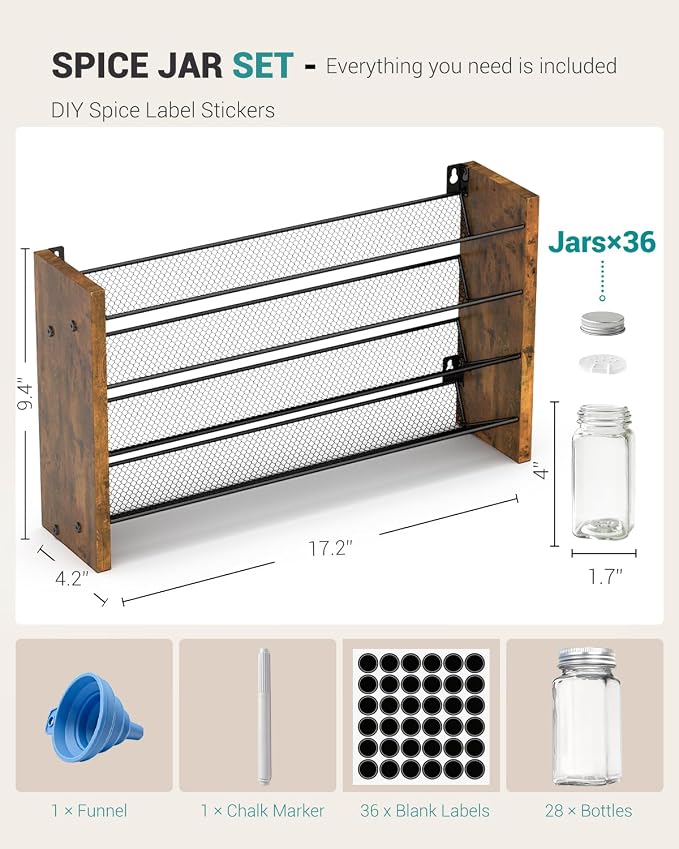 Spice Rack Organizer with 36 Glass Jars, for Cabinet Wall Mount Countertop | 4-Tier Seasoning Organizer with Labels, Chalk Marker & Funnel for Pantry, Kitchen Storage, Wood, 17.2 in W x 9.4 in H - Image 2