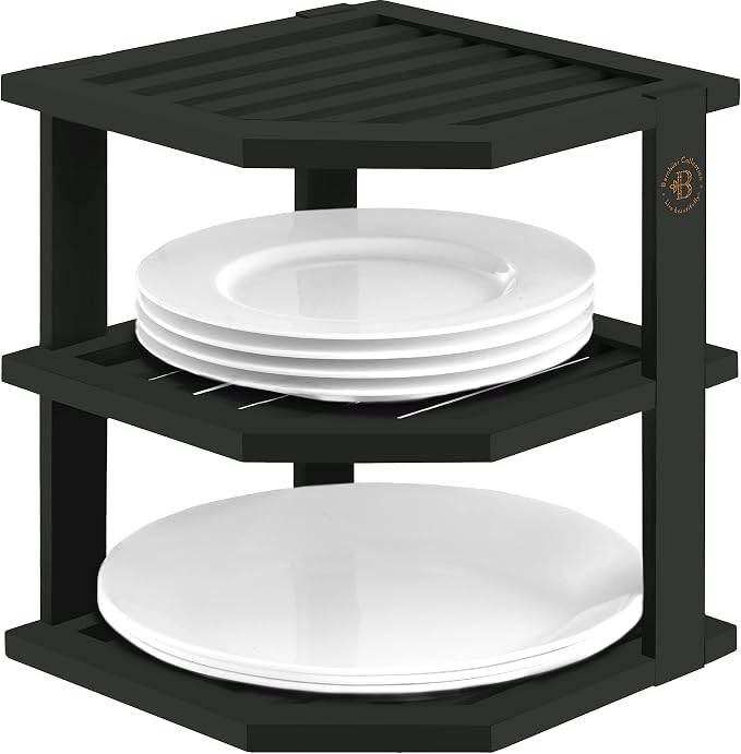 Black Plate Organizer for Cabinet - 3 Tier Bamboo Corner Cabinet Organizer Shelf for Plates Bowls Mugs Cups, Kitchen Cabinet Organizer, Cabinet Shelf Organizer, Countertop Rack, 10 x 10 x 9.5 Inch by Bamb%C3%BCsi