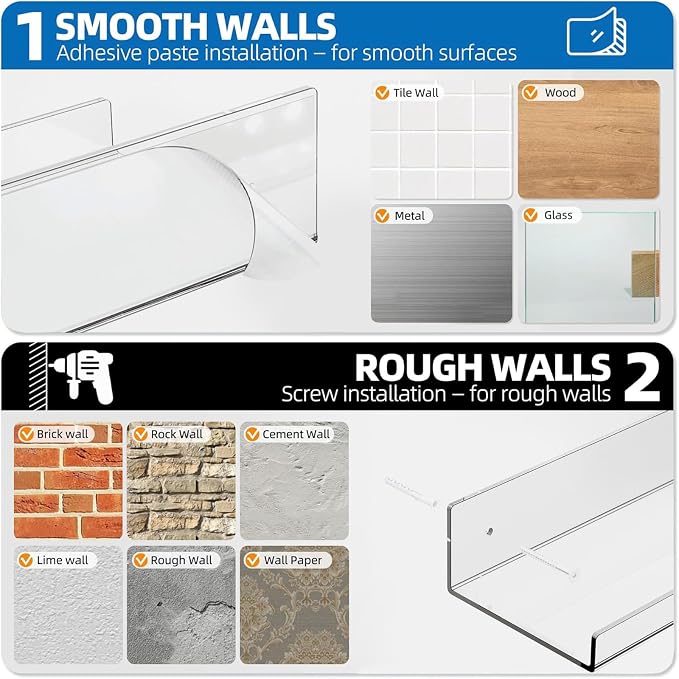 4 Pack Acrylic Shelves for Wall, 15 Inch Clear Adhesive Floating Shelf | Dual-Mount No Drill/Screw Waterproof Wall Shelf, Rustproof Storage Rack for Bathroom, Kitchen, Living Room, Bedroom - Image 3