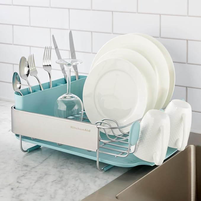 KitchenAid Compact Space Saving Rust Resistant Dish Rack with Removable Flatware Caddy and Angled Self Draining Drainboard, 12.63 x 15.87 x 5.54 Inch, Mineral Water - Image 5