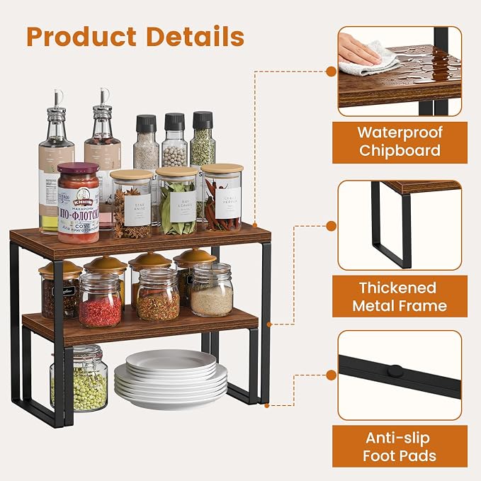 Giikin Kitchen Countertop Organizer, Set of 2 Spice Rack Cabinet Organizer Shelf, Stackable Corner Counter Shelf for Pantry, Coffee Station, Rustic Brown - Image 3