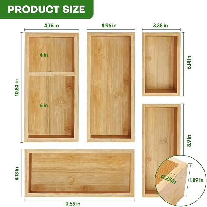 MapleGrace Bamboo Drawer Organizer Set, Individual Wood Storage Organizers | 5 PCS Multi-Use Junk Drawer Divider, Storage Trays Containers for Kitchen, Bathroom, Office Desk, Makeup, Jewelry, Utensils - Image 3