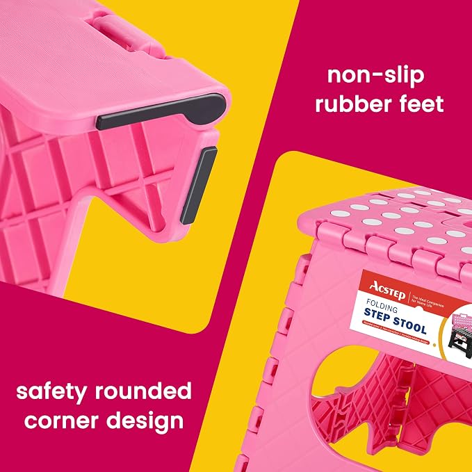 11" Folding Step Stool for Kids, Holds 300 lb Foldable Stools, Pink | Heavy Duty Collapsible Foot Stool, Lightweight with Built-in Handle, Non-Slip for Adults Kitchen Bathroom Bedroom Outdoor - Image 3