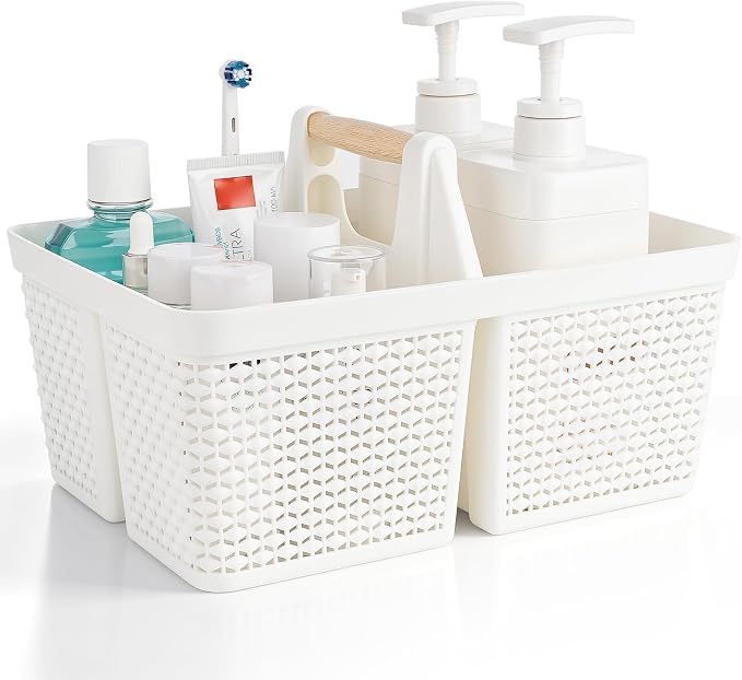 UUJOLY Portable Plastic Shower Caddy Basket with Wooden Handle, White | Divided Storage Organizer Tote for Bathroom, Dorm, College, Kitchen & RV – Lightweight, Easy-Carry Essentials Caddy by UUJOLY