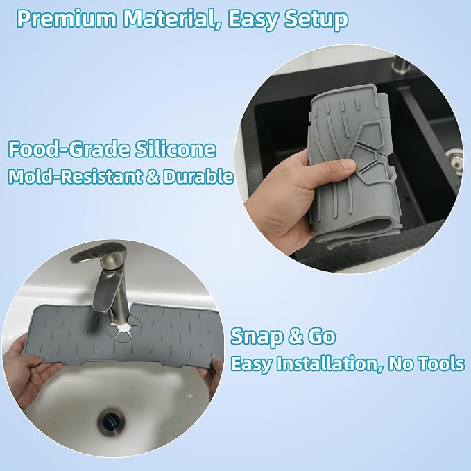 Silicone Faucet Handle Drip Catcher Drying Tray Mat Dish Soap Sponge Holder Accessories Gadgets for Kitchen Counter Bathroom Kitchen Sink Splash Guard (Gray, 24") - Image 4