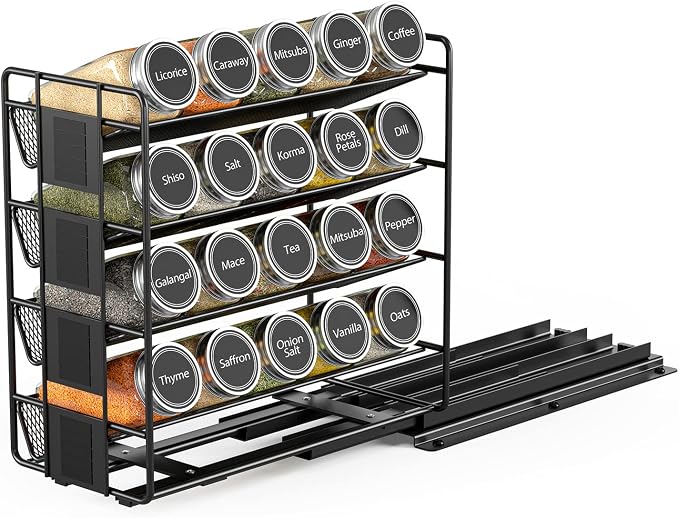 SpaceAid Pull Out Spice Rack Organizer with 20 Jars, Heavy Duty Slide Out Seasoning Organizer for Kitchen Cabinets, with 801 Labels and Chalk Marker, Right Facing (Pack of 2) - Image 2