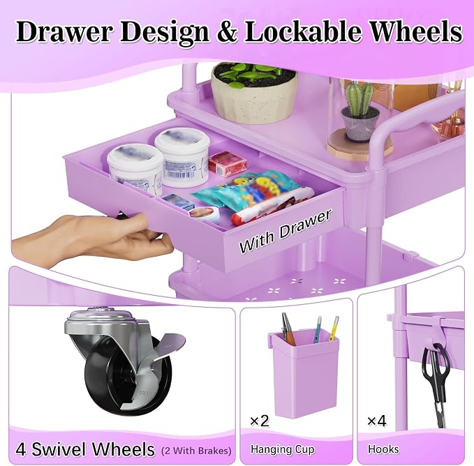 SUNALLY 4 Tier Rolling Cart with Drawer,Craft Storage Cart Organizer,Purple | Bathroom Storage Organizer with 2 Lockable Wheels, Rolling Utility Cart for Kitchen, Office, Baby, Makeup, Nail,Snack,Laundry - Image 4