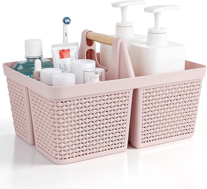 UUJOLY Portable Plastic Shower Caddy Basket with Wooden Handle, Pink | Divided Storage Organizer Tote for Bathroom, Dorm, College, Kitchen & RV – Lightweight, Easy-Carry Essentials Caddy by UUJOLY