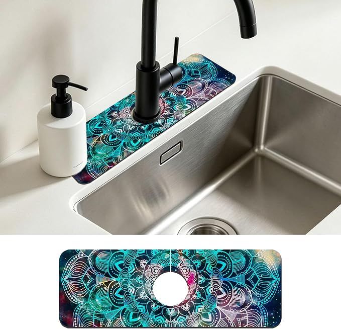 Kitchen Faucet Mat Galaxy Mandala Geometric Star Field Sink Splash Guard Behind Faucet Draining Mat Kitchen Accessories Non-slip Easy to Clean for Bathroom & Kitchen 15"X5.5" by Unknown