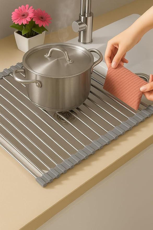 Over Sink Dish Dryng Rack - Roll Up Stainless Stell & Silicone Drying mat, Heat Resistant, Non-Slip & Foldable, Space Saving Kitchen Organizer (17.3"x 15.7") - Image 4