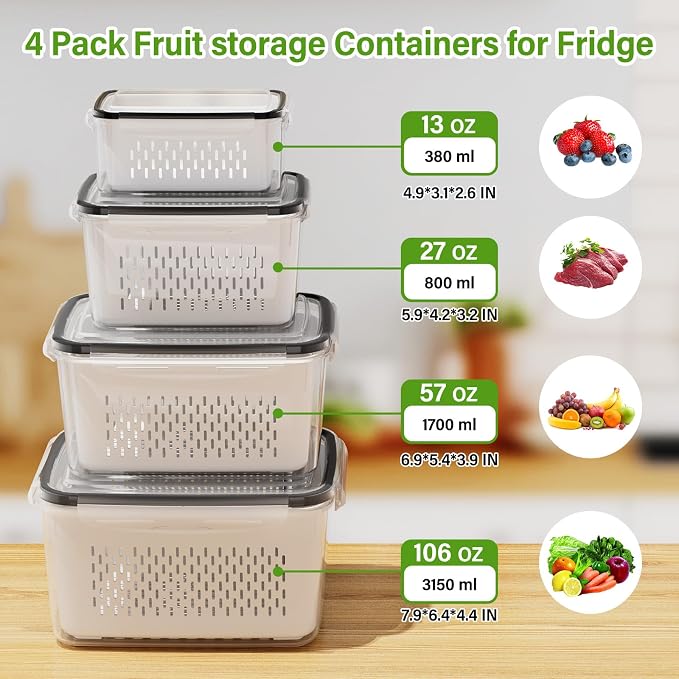 4 PCS Fruit Storage Containers for Fridge, Produce Containers for Fridge with Removable Colander, All-In-One Fruit Washing Bowl with Strainer Microwave/Dishwasher Safe for Salad Berry Lettuce Keeper - Image 3