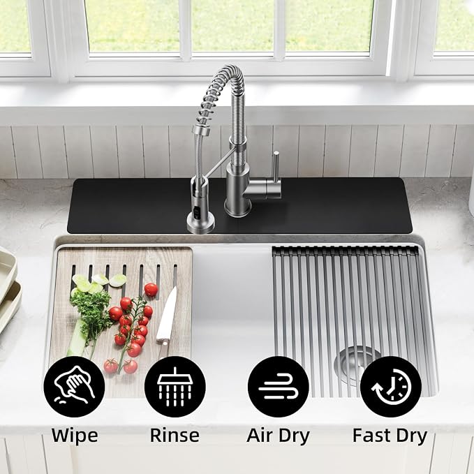 LOPNUR Cuttable Faucet Mat for Kitchen Sink, Long 24x5.5 Inch, Black | Super Absorbent & Fast Dry Diatomite Sink Splash Guard, 0.8-2.4 Inch Adjustable Faucet Hole, Cut to Fit Bathroom & RV Sinks - Image 5