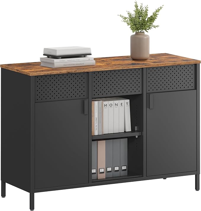 SONGMICS Storage Cabinet, Metal Cabinet, Sideboard with 2 Doors, 15.7 x 43.3 x 29.9 Inches, Magnetic Closure, Adjustable Shelves, Steel Frame, Rustic Brown and Matte Black ULSC204B01 by Unknown
