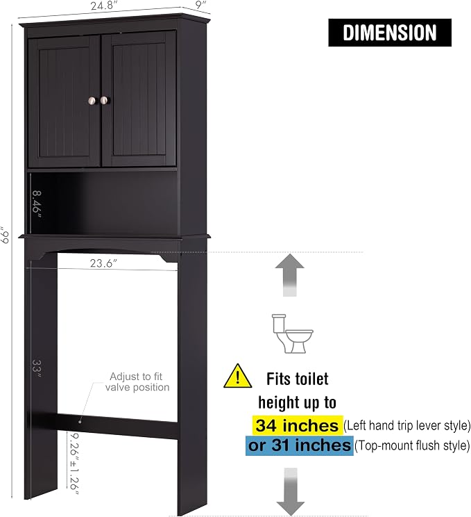 Spirich Over Toilet Storage Cabinet with Doors, Espresso Bathroom Organizer | FSC-Certified MDF, Raised Panel Doors, Adjustable & Open Shelves, Anti-Tip Mount, Fits Behind & Above Standard Toilets - Image 2