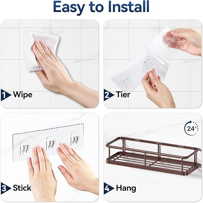 Shower Caddy Adhesive, Rustproof Shower Organizer, Large Capacity Shower Shelves for Inside Shower, No Drilling Bathroom Organizers and Storage for Home Decor （2 Pack Bronze） - Image 8