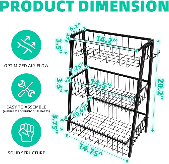 Simple Trending 3-Tier Trapezoidal Fruit Basket with 4 Banana Hooks, Extra Large Metal Wire Kitchen Organizer for Countertop - Rust-Proof for Fruits, Vegetables, Snacks, Bread Storage, Black - Image 7
