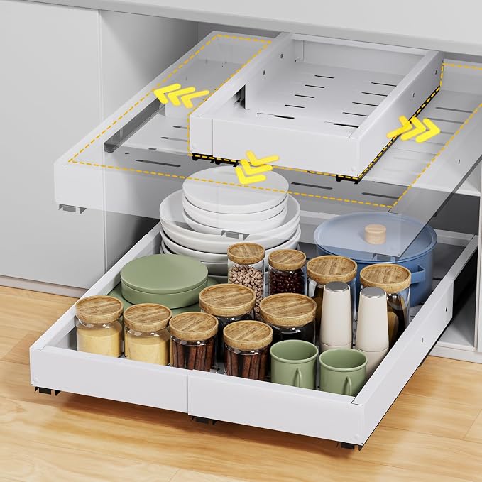 Pull Out Cabinet Organizer, Expandable Width (11.4"-18.9") Depth (16.3"-21.7") Pull out Drawers for Cabinets with 3 Rails, No Drill Adhesive Film or Nail Fixed Slide out Drawers for Kitchen, Pantry by Beolisav