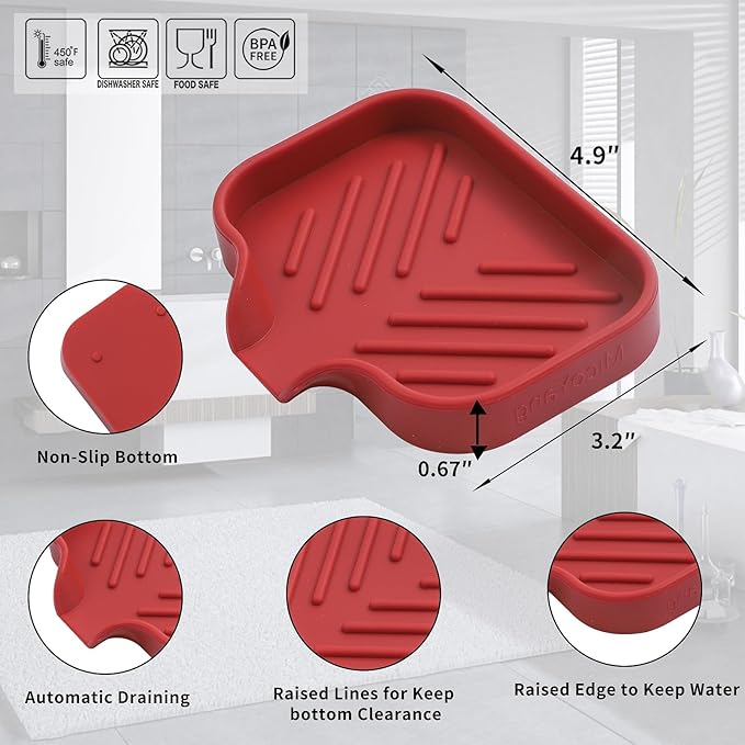 MicoYang Silicone Soap Dish with Drain Spout, Self-Draining Sink Organizer Tray for Bathroom and Kitchen, Sponges, Dispensers and Soap Holder, Non-Slip and Dishwasher Safe, Red (Compact, 4.9"×3.2") - Image 2