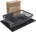 Grey Dish Drying Rack Over The Sink with Utensil Holder, Mat | Expandable Stainless Steel Dish Drainer for Small Kitchen, Apartment, RV, Counter Space Saving, Perfect Fit, Rustproof by MAJALiS