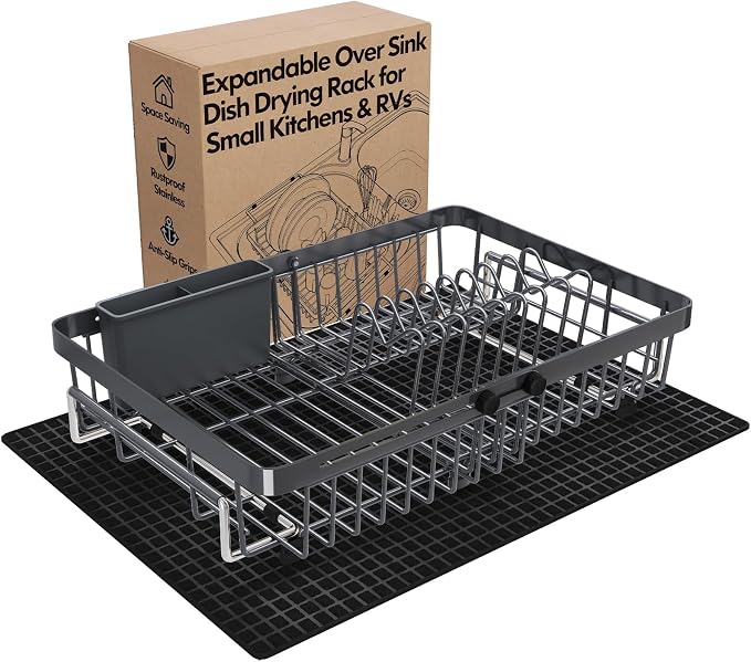 Grey Dish Drying Rack Over The Sink with Utensil Holder, Mat | Expandable Stainless Steel Dish Drainer for Small Kitchen, Apartment, RV, Counter Space Saving, Perfect Fit, Rustproof by MAJALiS