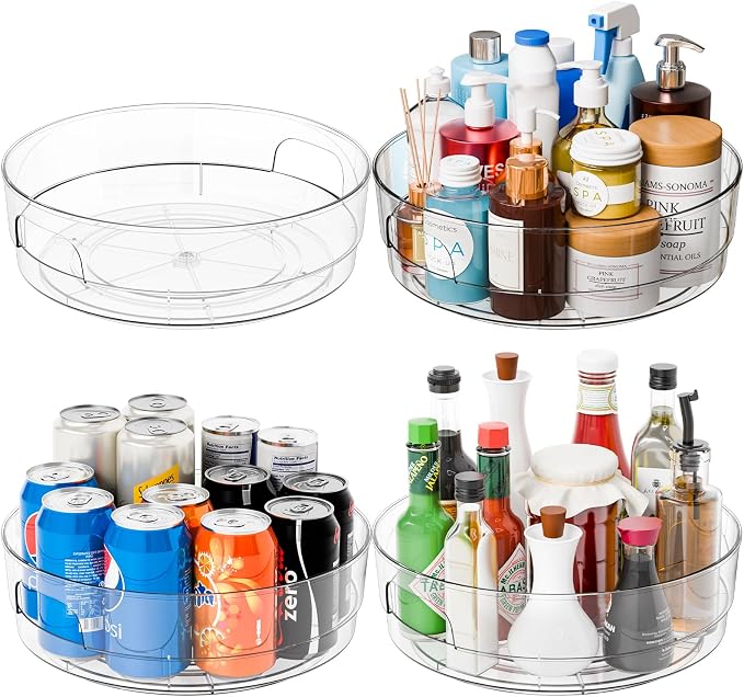 4 Pack 12" W Clear Acrylic Lazy Susan Turntable for Cabinet,Refrigerator,Pantry and Kitchen - with Handle - Large Fridge Sauce Condiment Turn Table Organizer,Spinning Round Spice Rack Carousel by Yieach