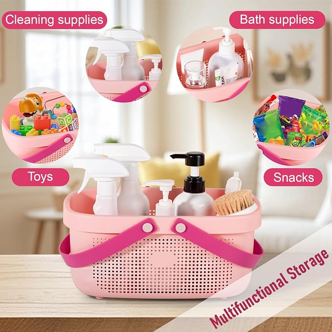 Portable Shower Caddy Basket with Handles Plastic Storage Basket Light Pink | Sturdy Drainage Large Capacity Organizer Basket with Silicone Handles for Bathroom Kitchen Bedroom College Dorm Essentials - Image 3