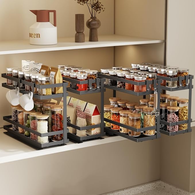 Magheo Pull Out Spice Rack Organizer for Cabinet, 4 Pack Metal Seasoning Organizer Slide Out Spice Storage Shelf No Assembly Vertical Spice Rack Pullout for Kitchen & Bahthroom No Drill(2 Tier,Black) by MAGHEO